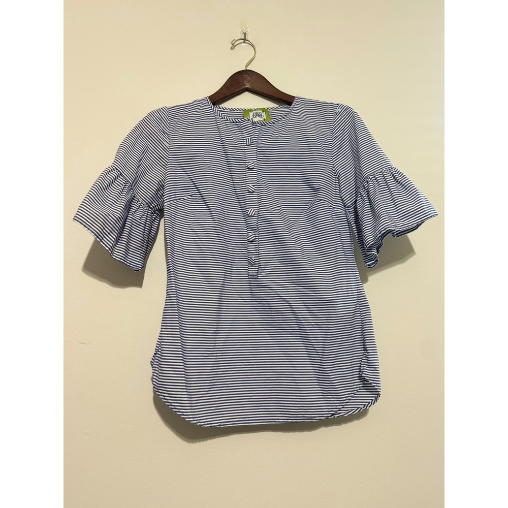 Elizabeth McKay Blue White Striped Ruffle Sleeve Cotton Blouse Top Small